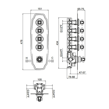 Внешняя часть вертикальная для термостатического смесителя Carimali Colonial с 4-ю независимыми выходами хром 21044EST-CR