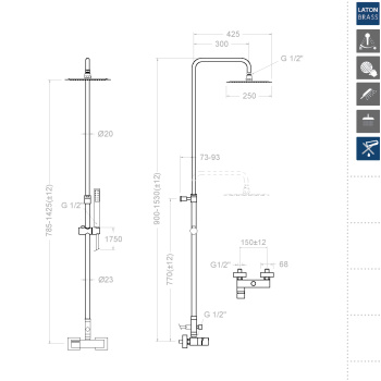 Душевая система Ramonsoler Kuatro без излива с регулировкой высоты 4758RK250