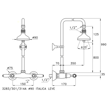 Душевой комплект Stella Italica Leve 3283/301/314A-90: смеситель, штанга+верхний душ 90 хром IL 02410 CR00