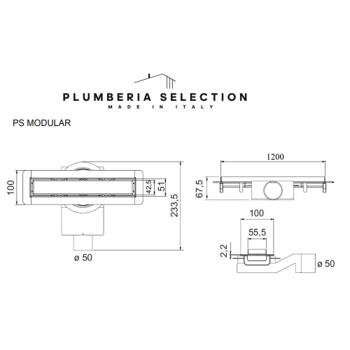 Трап душевой Plumberia Selection PS MODULAR 4x120 2устор. накладка из нерж.стали, комбинир.затвор с горизонт. Выпуском Ду 50мм,40л/мин, черн.матов., PSM120NO