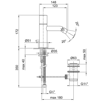 Смеситель для биде Fantini Nostromo 1 отв., с донным клапаном, хром 50 02 E908F
