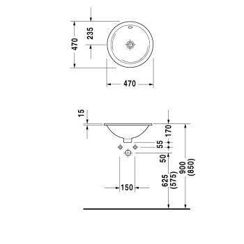 Duravit Architec Раковина  встр., для встраивания сверху, с перел., без площадки под смес., глазуровка снизу,? 470, Цвет: Белый