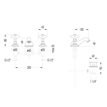 Смеситель для биде Devon&Devon White Rose на 3 отв.,100мм,с донным клапаном, хром UTWR712CR