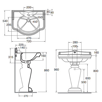 Раковина накладная Azzurra Jubilaeum 72х54х32, с 3 отв. под смеситель, белый JULA07254T0TBI*3