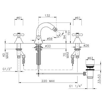 Смеситель для биде Nicolazzi Nuova Brenta на 3 отверстия, с донным клапаном, излив: 132мм, хром 2515CR