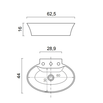 Раковина Oasis Calla 625х440х160 для установки на столешницу, с 3 отверстиями для смесителя, белый 0CALAOVBL3