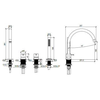 Смеситель на борт ванны Almar на 4 отверстия с ручной лейкой, никель брашированный E214006.NB