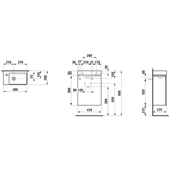 Laufen Pro S База под раковину, 480х280х690 мм, компактная асимметричная раковина левая, включая сифон и комплект для монтажа, белый матовый