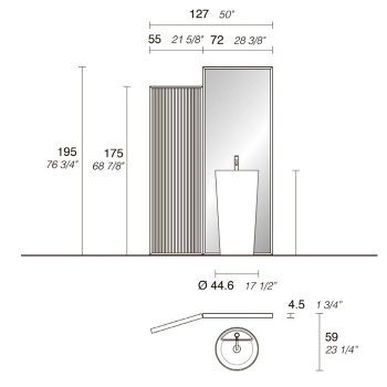 Ширма Noorth Milldue Edition Azuma TORO 127, 55+72, x4.5xh195см напольная с зеркалом и створкой, матовый шпон, rovere mezza fiamma-7777 2442.7777