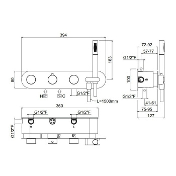 Встраиваемая часть для горизонтального термостатического смесителя c держателем Carimali 5 выходов, хром W21859CR