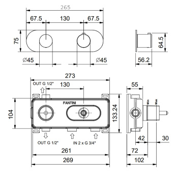Смеситель настенный встраиваемый Fantini Aa/27 термостатический, с переключателем на 2 положения, внешняя часть, отделка Matt Gun Metal PVD 33 P5 Y372B