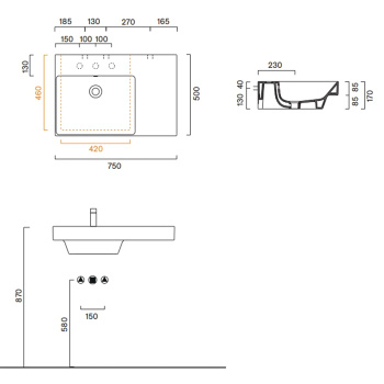 Раковина Catalano Zero 75x50 чаша слева, с 1 отв, белый глянцевый 120791001