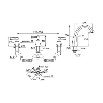 Смеситель на борт ванны Stella Eccelsa Leve на 4 отверстия 3256TR, золото 24К EL 02311 AU00