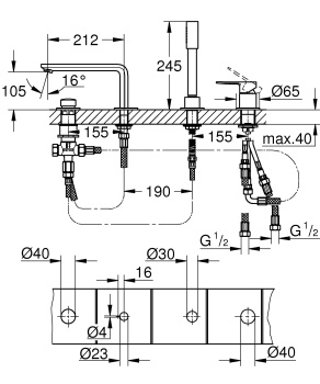 Смеситель однорычажный для ванны на 4 отверстия, GROHE Lineare New, хром, 19577001