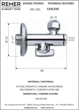 Вентиль Remer ○ угл.¼обор с фильтром 1/2- 10ц (3/8) RR 1231210