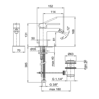 Смеситель для биде Fantini Ar/38 1 отв., с донным клапаном, хром 38 02 3308SF