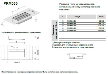 Раковина Brenta Prime 90х28 см из керамогранита встраиваемая снизу (интегрированная) PRM030.90