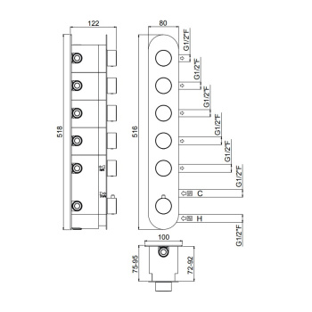 Внешняя часть вертикальная термостатического смесителя Carimali Iltondo с 5 запорными вентилями хром 21057EST/A-CR