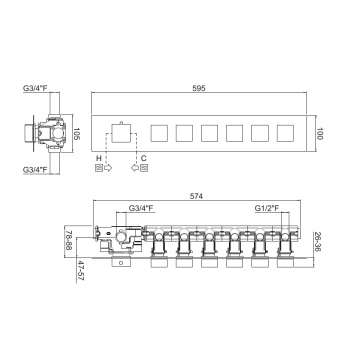 Внешняя часть горизонтальная для термостатического смесителя Carimali Ilquadro с 6-ю независимыми выходами хром 21060EST/O-CR