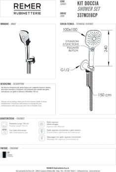 Ручной душ Remer Комплект для душа шланг держатель хром (CR) 337M318CP