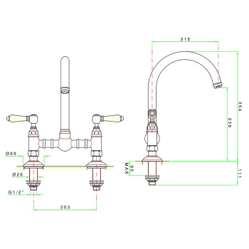 Смеситель для кухни Nicolazzi El Capitan на 2 отверстия, gold 1460GO69