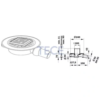 Трап низкий сантехнический с декоративной решеткой DN 50боковой выход Tece Drainpoint S 3690003