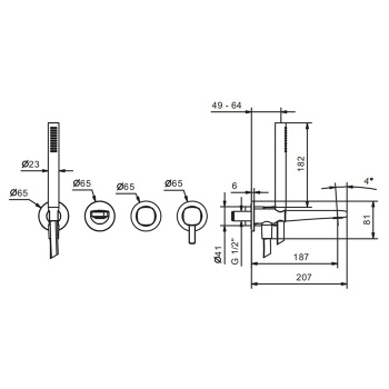 Смеситель для ванны Fantini Lame встраиваемый, на 2 источника, излив 190, с ручн.душем, наружная часть, хром 24 02 M121B