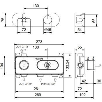 Термостат для душа Fantini Icona Classic на 2 источника, 3/4", наружная часть, Matt Copper PVD 53 P9 R772B