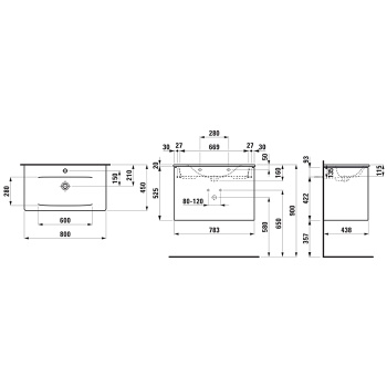 LAUFEN PALACE Комплект мебели 800х450х545 мм., с раковиной Slim, 2 ящика, органайзер для ящика, ручка анодированный алюминий, цвет белый глянцевый