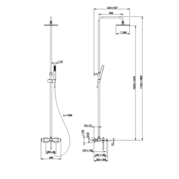 Душевая стойка настенная Cisal Roadster с термостатическим смесителем, с изливом, верхним душем 200х200 мм, ручным душем и шлангом 1500 мм, хром RRC8301021