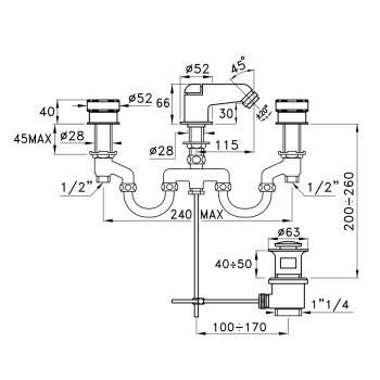 Смеситель для биде Stella Timeaster на 3 отверстия 3601, с донным клапаном, хром, ручка черная TA 00201 CR00N