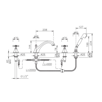 Смеситель на борт ванны Nicolazzi Teide Four на 4 отв., излив: 223 мм, с ручным душем, золото 1904GO45