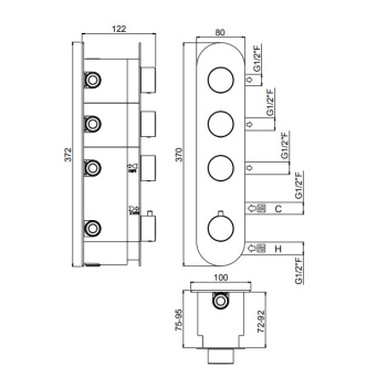 Внешняя часть вертикальная термостатического смесителя Carimali Iltondo с 3 запорными вентилями хром 21037EST/A-CR