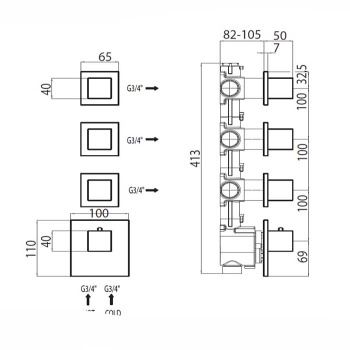 Bossini Cube Смеситель для душа, встраиваемый, термостатический, (внешняя часть), с запорным вентиле