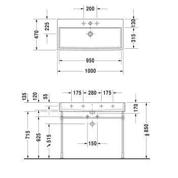 Duravit Vero Air Раковина 100cm,  с переливом, с площадкой, с 2 отв. под смеситель,  на столешницу, Цвет белый
