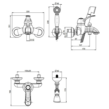 Смеситель для ванны Fima Carlo Frattini Lamp настенный, с ручным душем, золото F3304OR