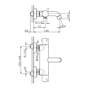 Смеситель термостатический для ванны Cisal Less Minimal настенный, с ручной лейкой,держателем и шлангом, хром LNT2301621