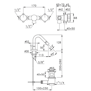Смеситель для биде Stella Aster на 1 отверстие 3608, с донным клапаном и встраиваемыми ручками, хром AT 01303 CR00