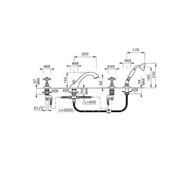 Смеситель на борт ванны Nicolazzi P.M. Blanc на 4 отв, с ручным душем, ручки белая керамика, тёмная бронза 1404BZ78