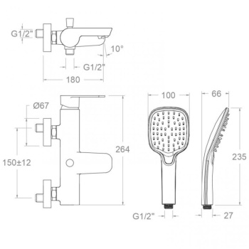 Смеситель для ванны Ramonsoler Alexia с душевым комплектом графит 360501Q3GR