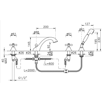 Смеситель на борт ванны Nicolazzi Nuova Brenta на 4 отверстия, с душевой лейкой, излив: 200мм, хром 2504CR