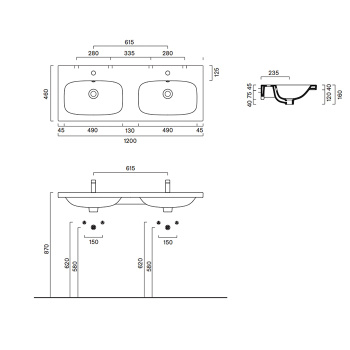 Раковина двойная Catalano Alvea 120х46, подвесная или на мебель, без отв, белый глянцевый 621220001