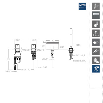 Смеситель на борт ванны Ramonsoler Urban Chic термостатический с каскадным изливом и ручным душем 213303TM