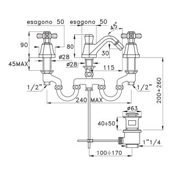 Смеситель для биде Stella Eccelsa на 3 отверстия 3601, с донным клапаном, золото 24К EC 00201 AU00