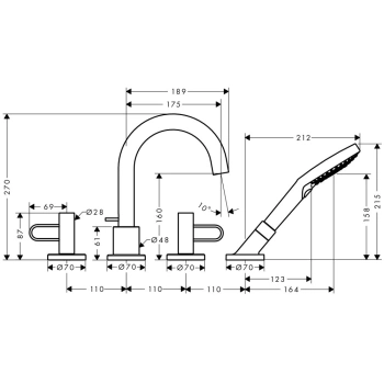 Axor Uno Смеситель на борт ванны, на 4 отв., с рукоятками-петлями, с ручным душем, внешняя часть, цв