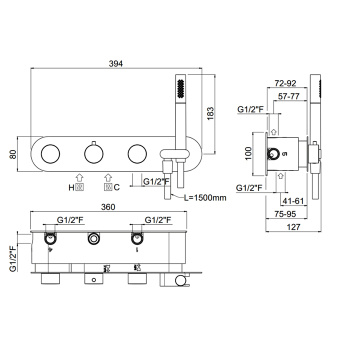 Смеситель для душа встроенный Carimali Iltondo термостатический, на 5 потребителей, с латунным ручным душем и шлангом, внешняя часть, хром 21858EST/A-CR