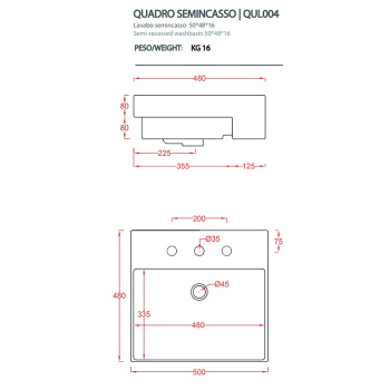 Раковина Artceram QUADRO Semincasso 50x48, 1 отв., белый QUL004 01 00