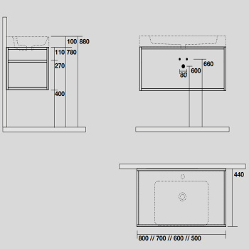 Стальная структура под раковину Kerasan Cento 80х45, подвесная, с металлической полкой, черный матовый 925031 Nero matt