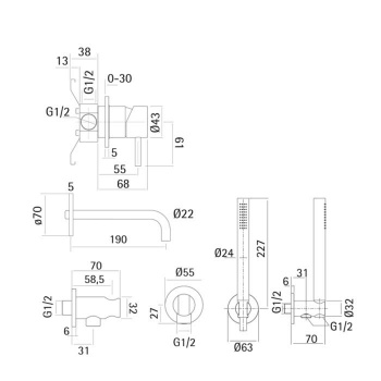 Встраиваемый смеситель для ванны Cisal Xion на 4 отв,с ручным душем ,внешняя и внутренняя части в комплекте, нержавеющая сталь XI001101D1