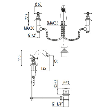Смеситель для биде Gattoni Trd на 3 отверстия, ручки Paris, высота излива 65, с донным клапаном, золото 24к TR142/18D0